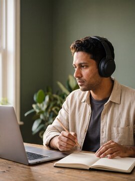 Focused young man wearing headphones working from home, looking at a laptop screen and taking notes in a notebook at a wooden desk