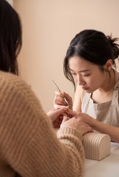 Focused Asian female manicurist carefully painting delicate nail art on a client's hand using a fine brush in a warm, neutral-toned beauty salon