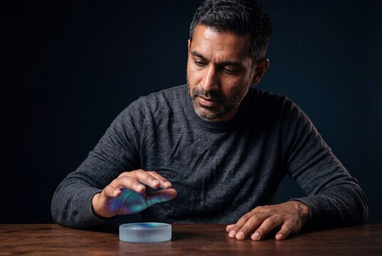 Focused man hovering his hand over a glowing circular futuristic device on a wooden desk against a dark background
