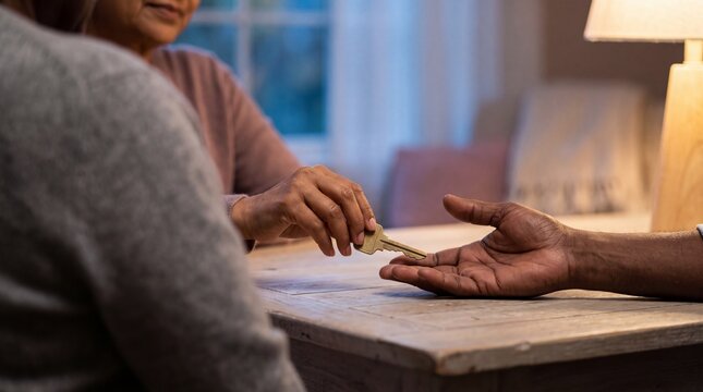 Close-up of a woman handing a brass house key across a wooden table to a man in a warmly lit living room, symbolizing real estate and ownership