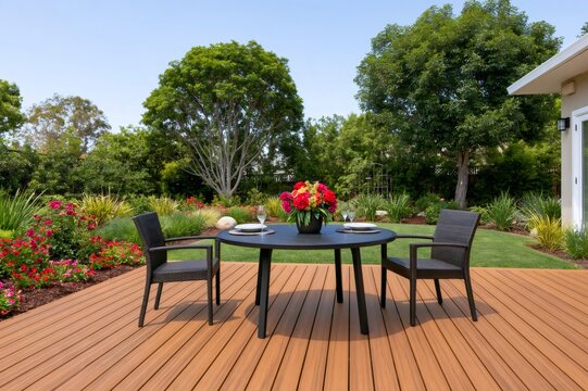 Wooden backyard deck with garden patio furniture and flowers