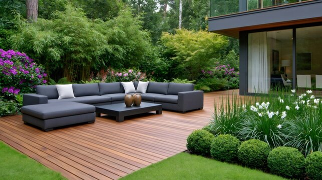 Modern outdoor lounge on a timber deck in a landscaped garden