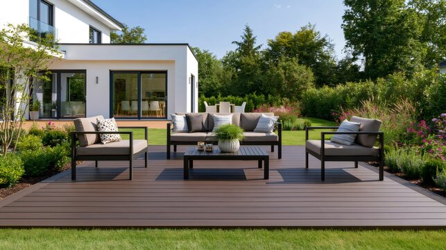 Modern patio lounge with outdoor furniture beside a contemporary home