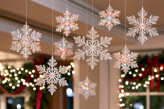 Hanging clear snowflakes with glowing Christmas lights indoors