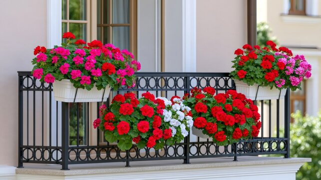 Geraniums overflowing flower boxes on a wrought iron balcony