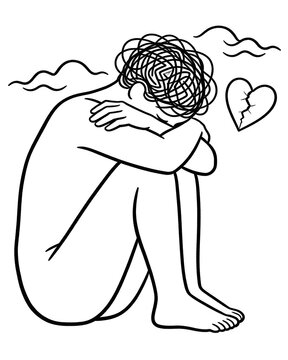 Black line art of a seated figure hugging knees with a tangled scribble head beside a cracked heart symbolizes anxiety and emotional overwhelm