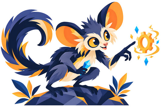 cute lemur pointing at glowing gear and crystal, cartoon primate character vector