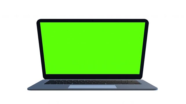 Front view 3D animation of modern laptop opening up with green screen chroma key display against white background. Ideal for technology mockups, software demonstrations and digital presentations.