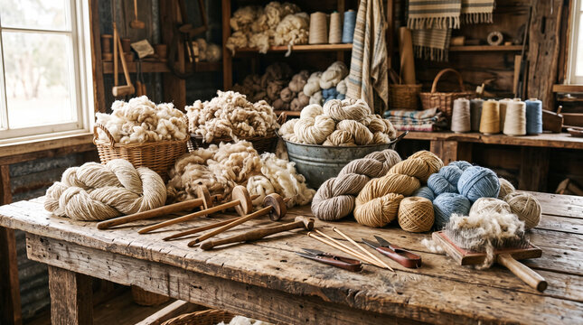 traditional wool spinning and carding workshop with yarn skeins and raw wool
