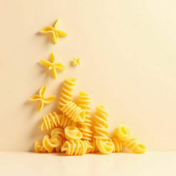 Uncooked fusilli and creative shaped pasta arranged on beige background with copy space