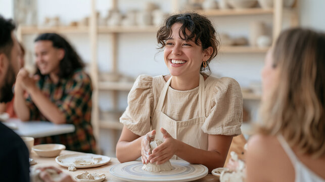 A woman building a social circle after emigrating by attending a local pottery workshop, seated at a shared table with new acquaintances shaping clay, shelves of handmade ceramics