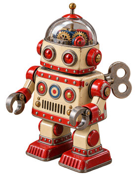 Vintage cream and red wind-up tin robot toy with exposed gears isolated on transparent background