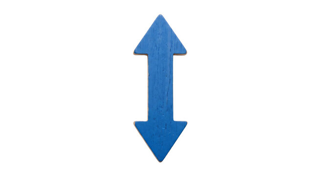 Weathered blue wooden double arrow pointing up and down, isolated on a transparent background
