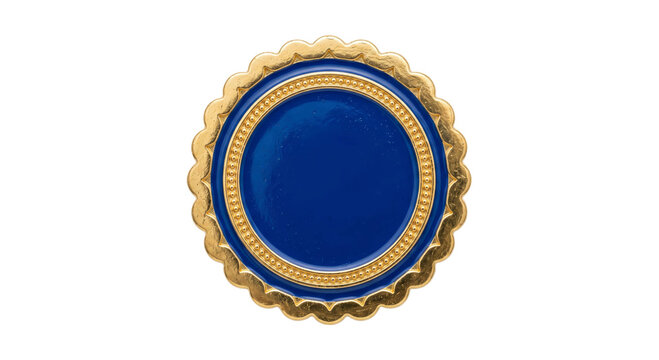 Ornate blue and gold circular medallion with a blank center and scalloped decorative edge