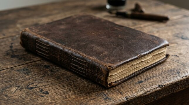 Antique Leather Book on Aged Wooden Surface.