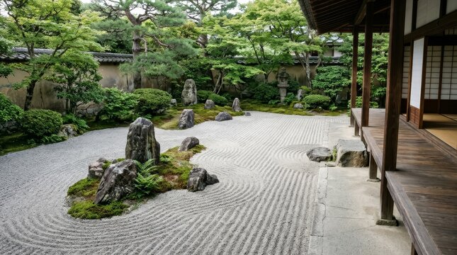 Serene Japanese Zen Garden With Traditional Teahouse.