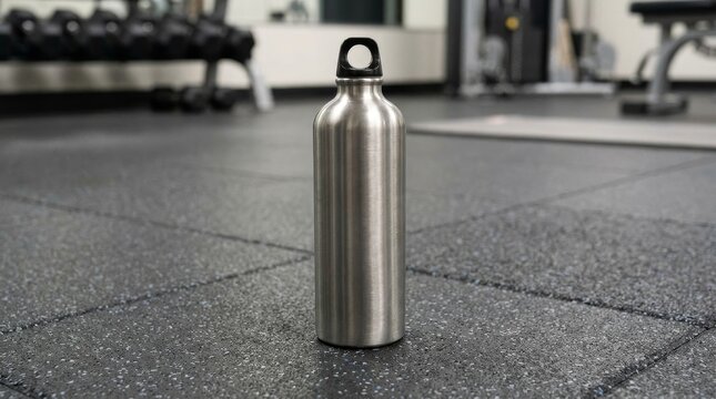 Stainless steel water bottle on gym floor.