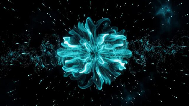 Two cyan energy beams colliding into a glowing smoke burst with flying sparks