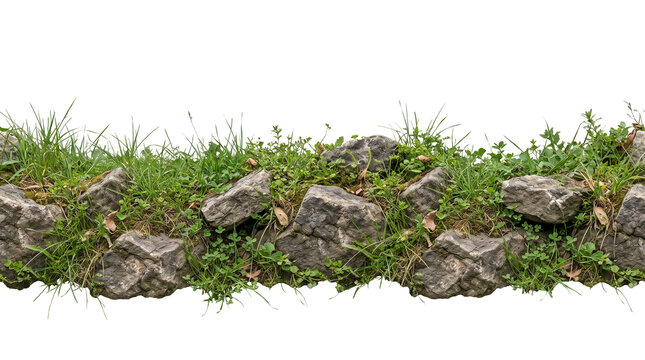 Natural rock border with lush green grass, moss, and wild plants isolated on white background. Realistic stone wall segment for garden or landscape design mockups.