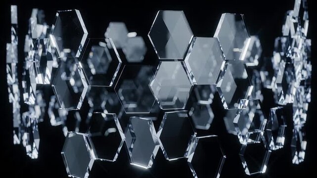 Floating transparent glass hexagonal prisms on black background