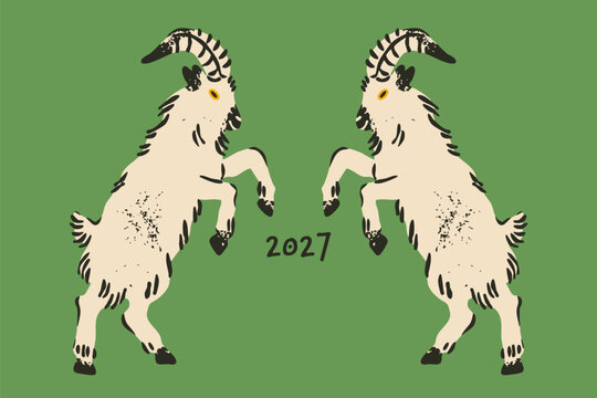 Wild Goats standing on legs in front of each other. Cute characters, adorable furry animals. Hand drawn Vector illustration. Happy Chinese new year 2027 symbol. Sticker, logo, print template