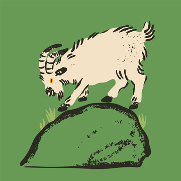Wild Goat standing on a rock. Cute character, adorable furry animal. Hand drawn Vector illustration. Isolated design element. Happy Chinese new year 2027 symbol. Sticker, logo, print template