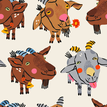 Goats look at camera. Cute funny characters, adorable farm animal portraits. Hand drawn Vector illustration. Square seamless Pattern, background. Happy Chinese New year 2027 symbol