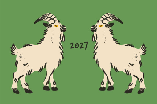 Wild Goats standing in front of each other. Cute characters, adorable furry animals. Hand drawn Vector illustration. Happy Chinese new year 2027 symbol. Sticker, logo, print template