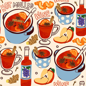 Mulled Wine set. Hot drink with spices in pot, cups, wine bottle, apple, citrus peel, ginger. Cozy weather, autumn, Christmas concept. Hand drawn Vector illustration. Square seamless Pattern 