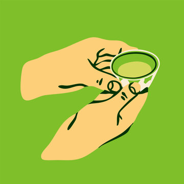 Human hands holding small cup with tea. Hand drawn trendy Vector illustration. Ceremony, relaxation, mindfulness, wellness, tranquility concept. Isolated design element. Sticker, icon template 