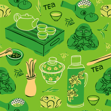 Traditional Chinese tea ceremony items. Ceramic tea cups, bamboo tray, clay teapot, statuettes, vacuum bottle, porcelain tea caddy. Hand drawn Vector illustration. Square seamless Pattern