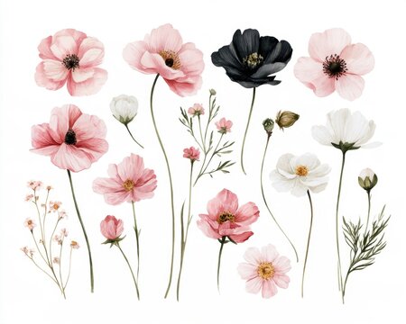 Elegant collection of watercolor cosmos flowers in pink white and black shades with stems and buds isolated on a white background botanical set