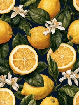 Vibrant botanical seamless pattern with fresh yellow lemons sliced citrus fruits green leaves and white flowers on a dark background illustration