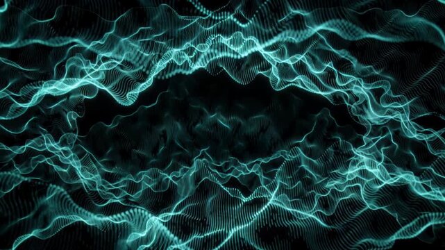 Turquoise thin lines rippling into ring shaped waves on a black background