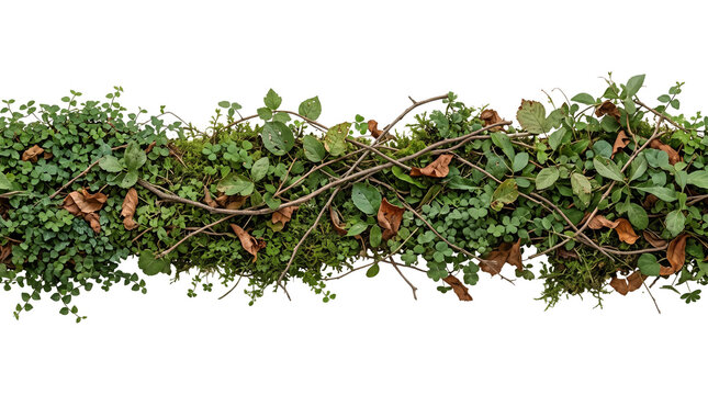 Organic forest floor border with lush green leaves, tangled brown vines, moss, and dry autumn leaves isolated on white background, natural plant texture horizontal divider for design.