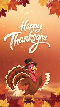 Vertical Happy Thanksgiving Animated Greeting with Cartoon Turkey, Falling Autumn Leaves, Handwritten Text and Glowing Bokeh