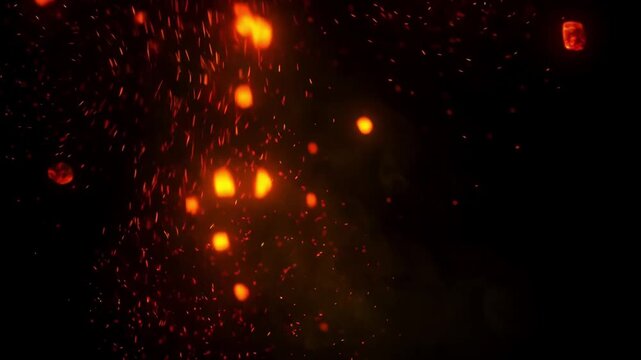 Fiery glowing embers burst upward against black background in dynamic cinematic motion clip.
