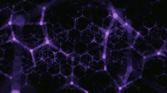 Purple glowing hexagonal network mesh on black background
