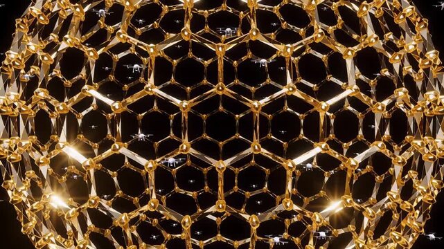 Golden hexagonal lattice sphere close up macro on black background