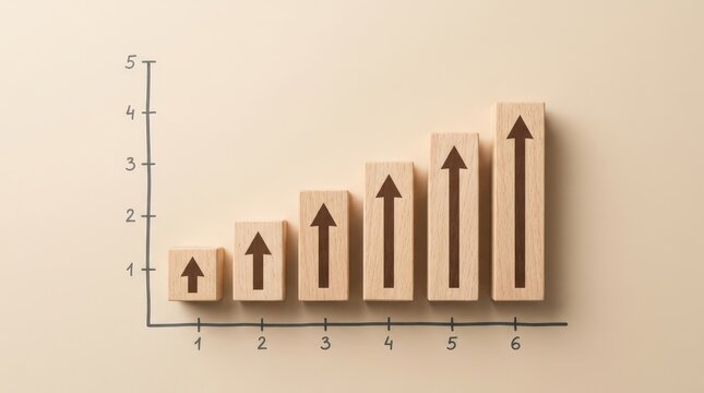 Wooden bar blocks with upward arrows standing on a drawn graph axis line