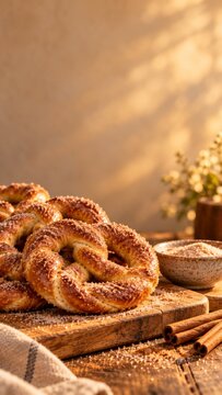 Freshly baked cinnamon sugar pretzels on a baking sheet on a rustic wooden table with copy space, food photography