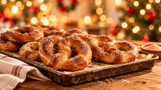 Freshly baked cinnamon sugar pretzels stacked in a wicker basket on a rustic wooden table with glowing Christmas lights and festive holiday decorations blurred in the background