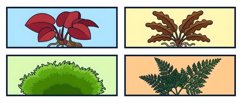 Set of four botanical flat vector illustrations: red leaves, brown plant, bush and fern