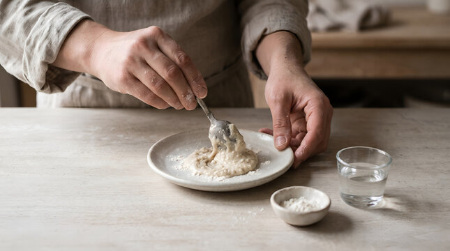 hands mixing sourdough starter on a ceramic plate. spoon, small bowl of flour and glass of water on a table. making new starter sourdough, fermentation process