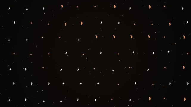 Boho celestial pattern background with rotating crescent moons and twinkling stars in a neat grid. Seamless motion loop ideal for astrology, tarot, and spiritual meditation videos.
