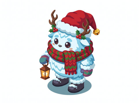 Mythological abominable snowman yeti in winter holiday festive attire⁠