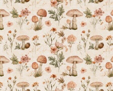 vintage botanical pattern featuring watercolor mushrooms, wildflowers, pastel pink flowers, and green leaves on aged paper texture background for textile fabric and wallpaper design project