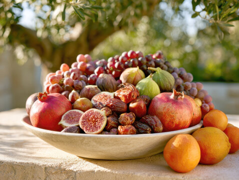 large ceramic bowl filled with fresh ripe purple grapes, juicy figs, pomegranates, and sweet oranges on rustic stone table under warm sunlight in Mediterranean orchard outdoor setting
