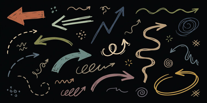 Assorted multicolor arrow icons and decorative elements on a dark surface with hand drawn multi colored direction collection pointing navigation illustration creative colorful
