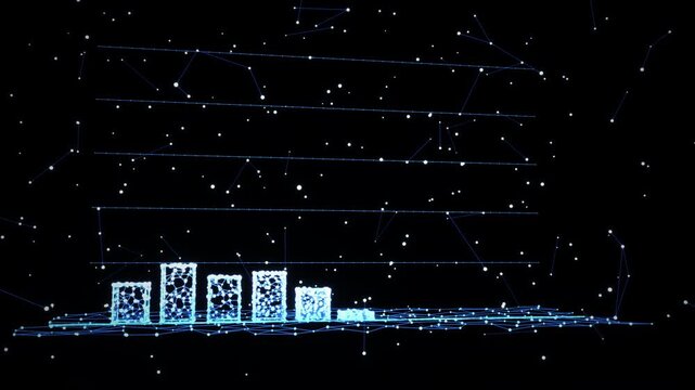Financial Growth Chart Arrow Upward Trend Bar Graph Network. 3D Render. Digital isometric 3D illustration featuring glowing white bar chart arrow pointing up dark background connected nodes line